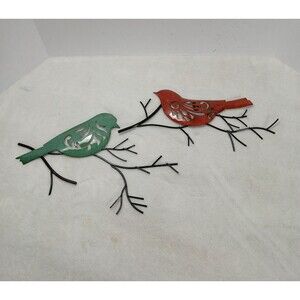 ​Rustic 2-Piece Bird Wall Hanging Set - Red &‎ Teal Metal Branch Sculpture
